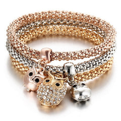 3 Pcs/Set Crystal Owl Charm Bracelet